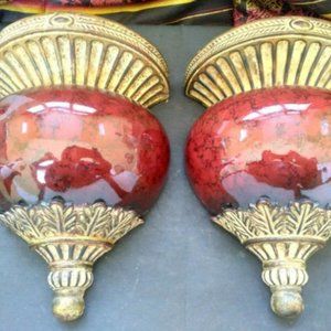Large Shiny Maroon Gold Wall Home Decor Sconce Shelves Half Round lot of two